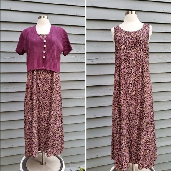 Vintage 90s y2k Floral Sleeveless Sundress Purple Cardigan Set Maxi Dress 14 - Picture 8 of 8